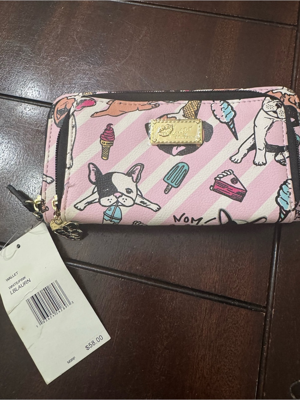 Betsey Johnson Pink Striped Dog & Sweets Zip Wallet
